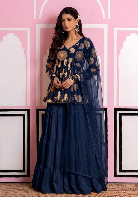 Blue Floral Print Chinon Sharara Set