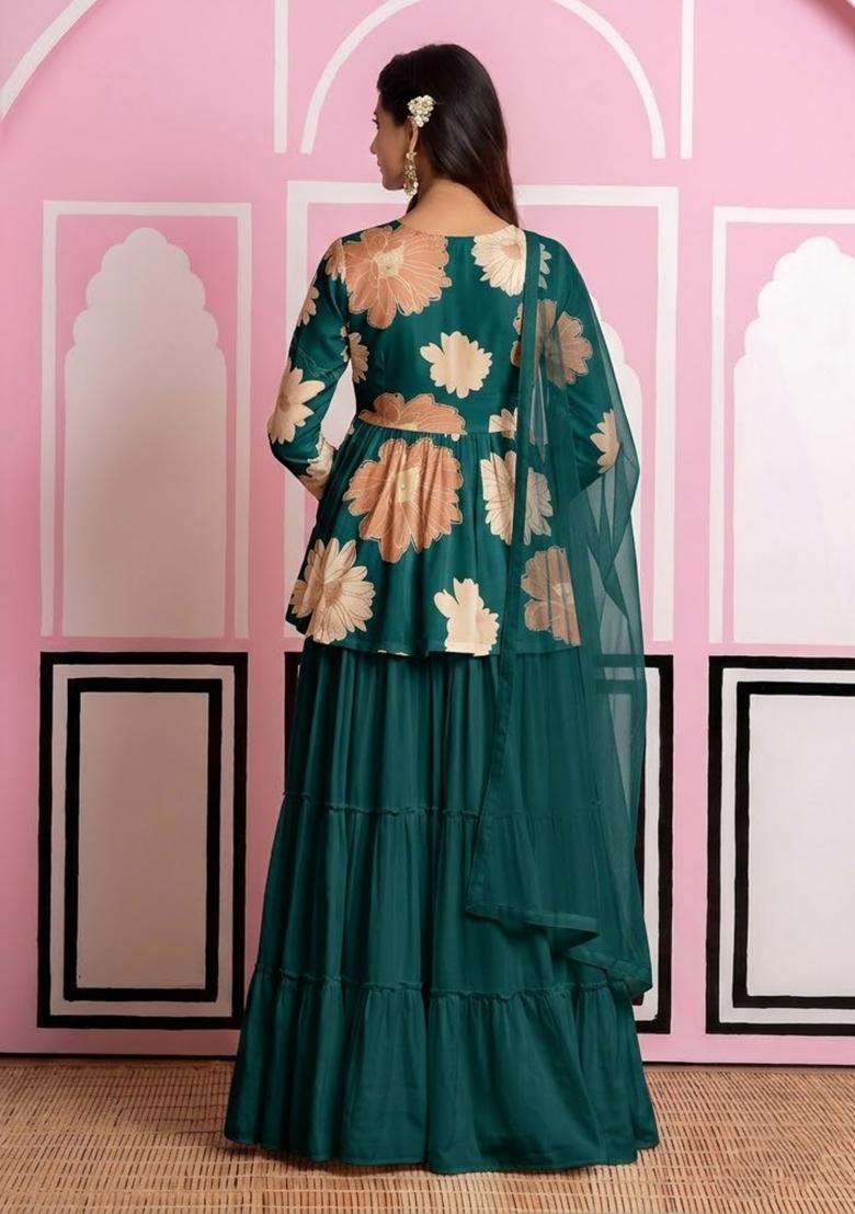 Blue Floral Print Chinon Sharara Set - Indya