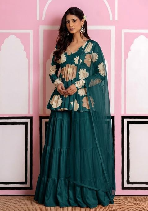 Blue Floral Print Chinon Sharara Set