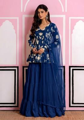 Blue Floral Print Chinon Sharara Set