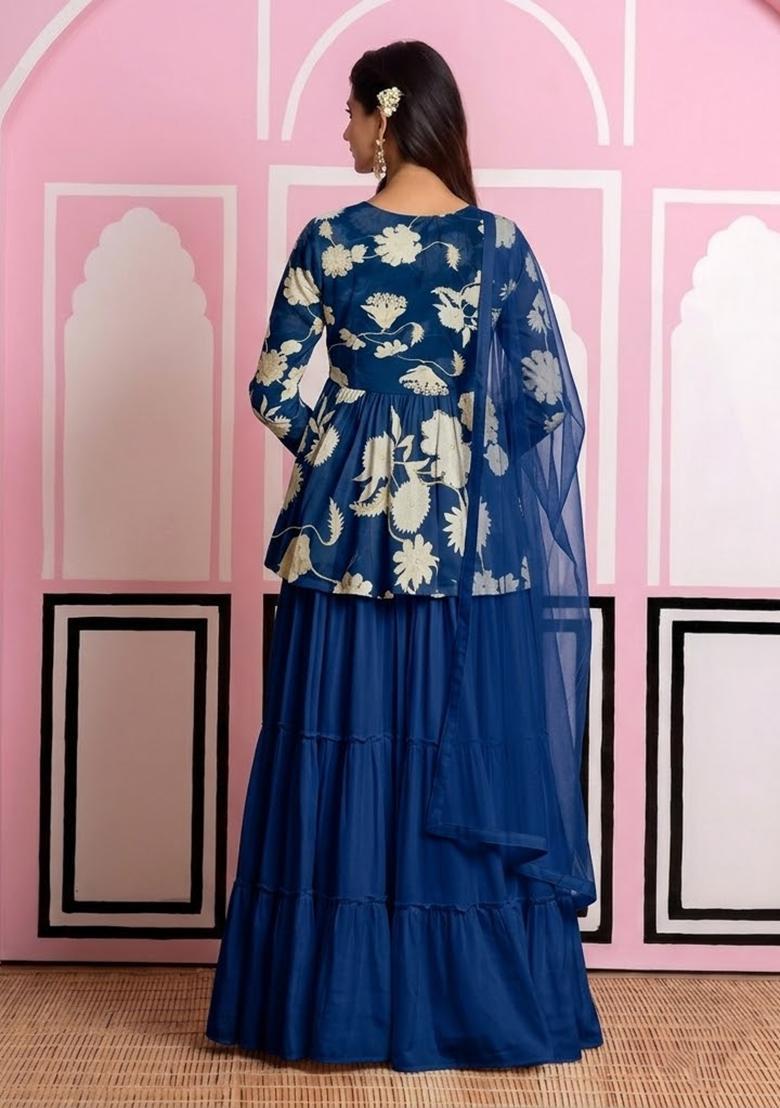 Blue Floral Print Chinon Sharara Set - Indya