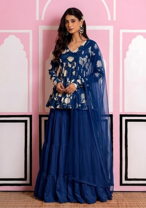 Blue Floral Print Chinon Sharara Set