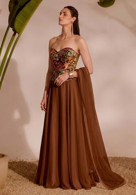 Chocolate Brown Printed Crepe Lehenga Set