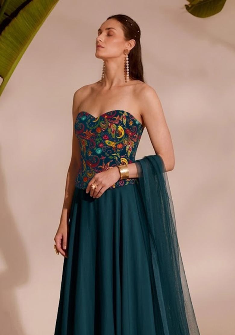 Blue Printed Crepe Lehenga Set - Indya