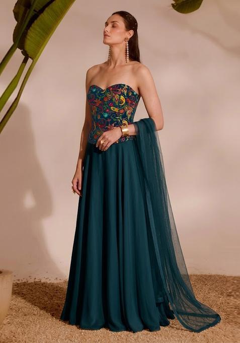 Blue Printed Crepe Lehenga Set