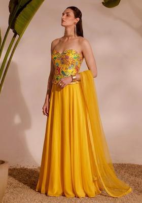 Yellow Printed Crepe Lehenga Set