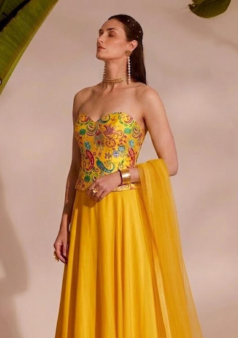 Yellow Printed Crepe Lehenga Set - Indya