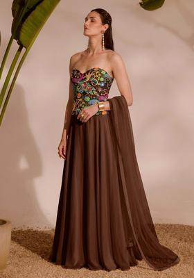Brown Printed Crepe Lehenga Set
