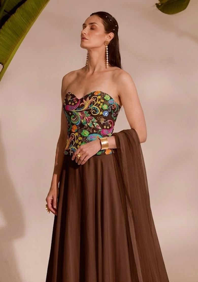 Brown Printed Crepe Lehenga Set - Indya