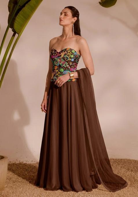 Brown Printed Crepe Lehenga Set