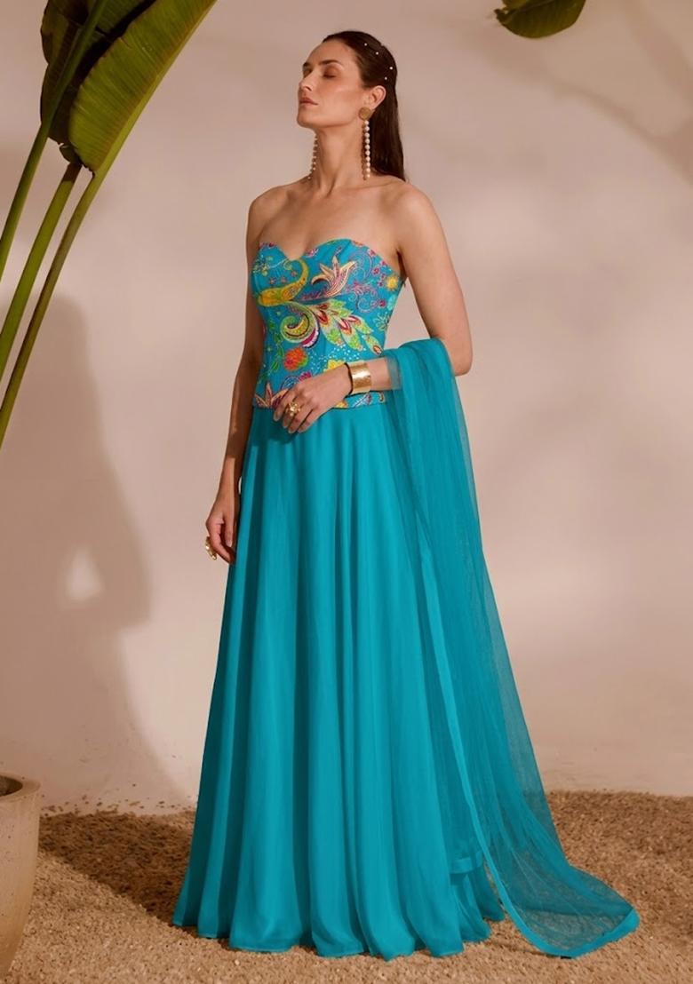 Blue Printed Crepe Lehenga Set - Indya
