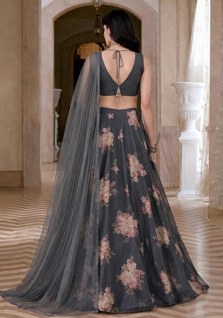 Charcoal Grey Floral Print Georgette Lehenga Set - Indya
