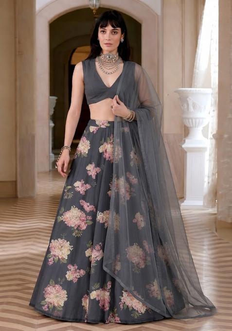 Charcoal Grey Floral Print Georgette Lehenga Set