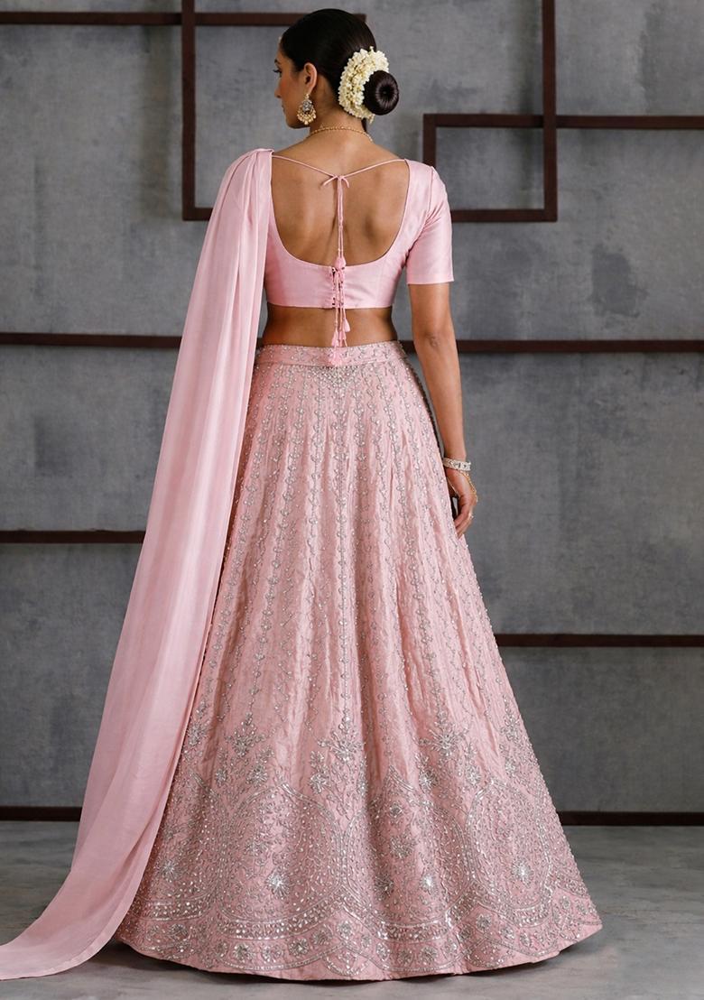 Baby Pink Embroidered Cosmos Lehenga Set - Indya
