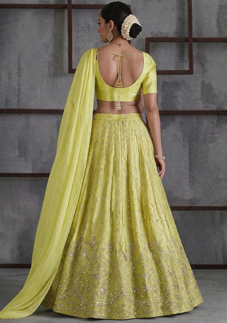 Lime Embroidered Cosmos Lehenga Set - Indya