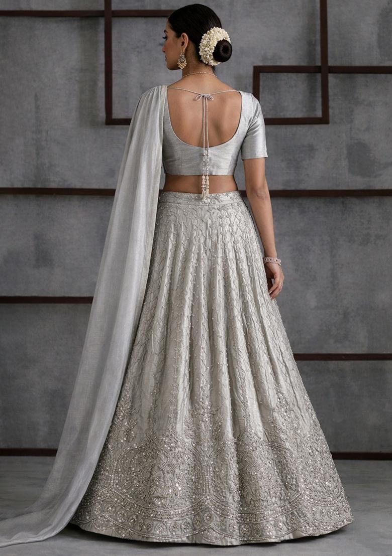 Silver Embroidered Cosmos Lehenga Set - Indya