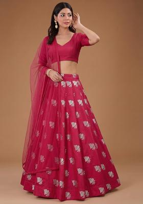 Hot Pink Jacquard Silk Lehenga Set