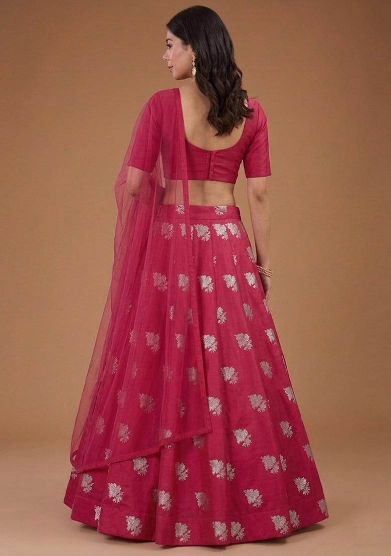 Hot Pink Jacquard Silk Lehenga Set - Indya