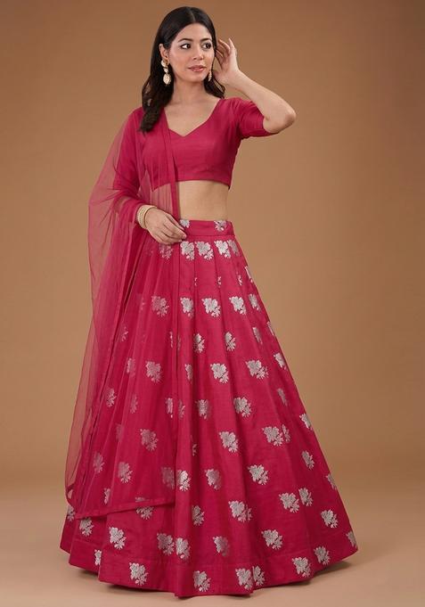 Hot Pink Jacquard Silk Lehenga Set