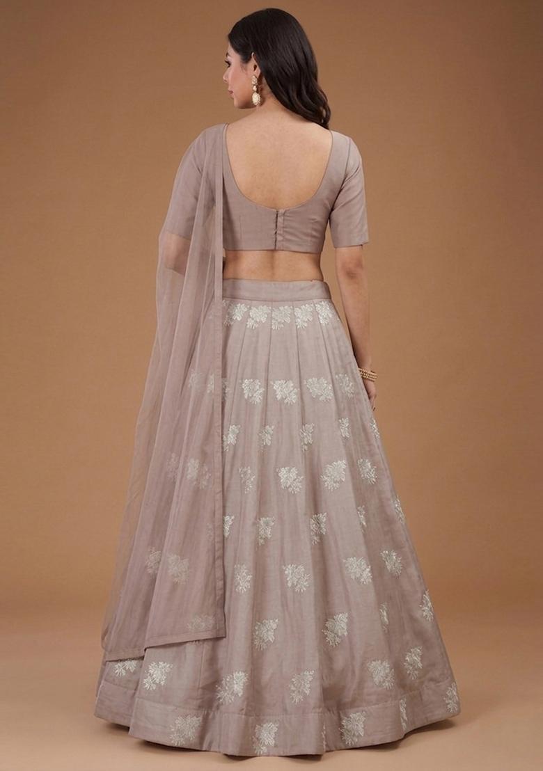 Taupe Jacquard Silk Lehenga Set - Indya