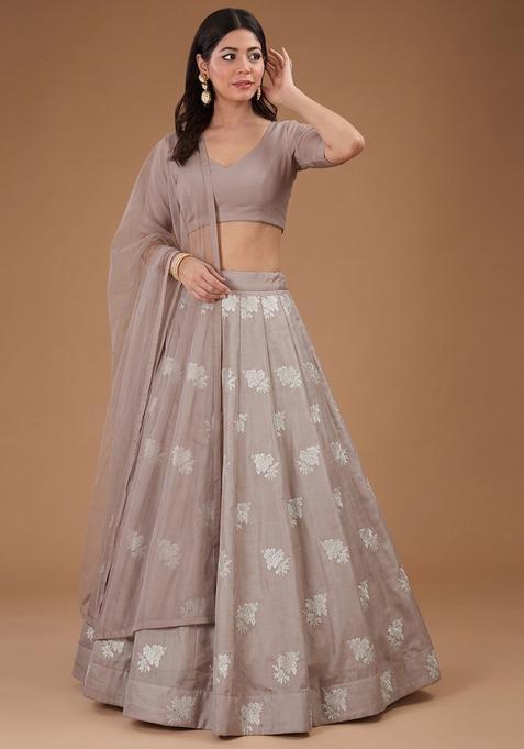 Taupe Jacquard Silk Lehenga Set
