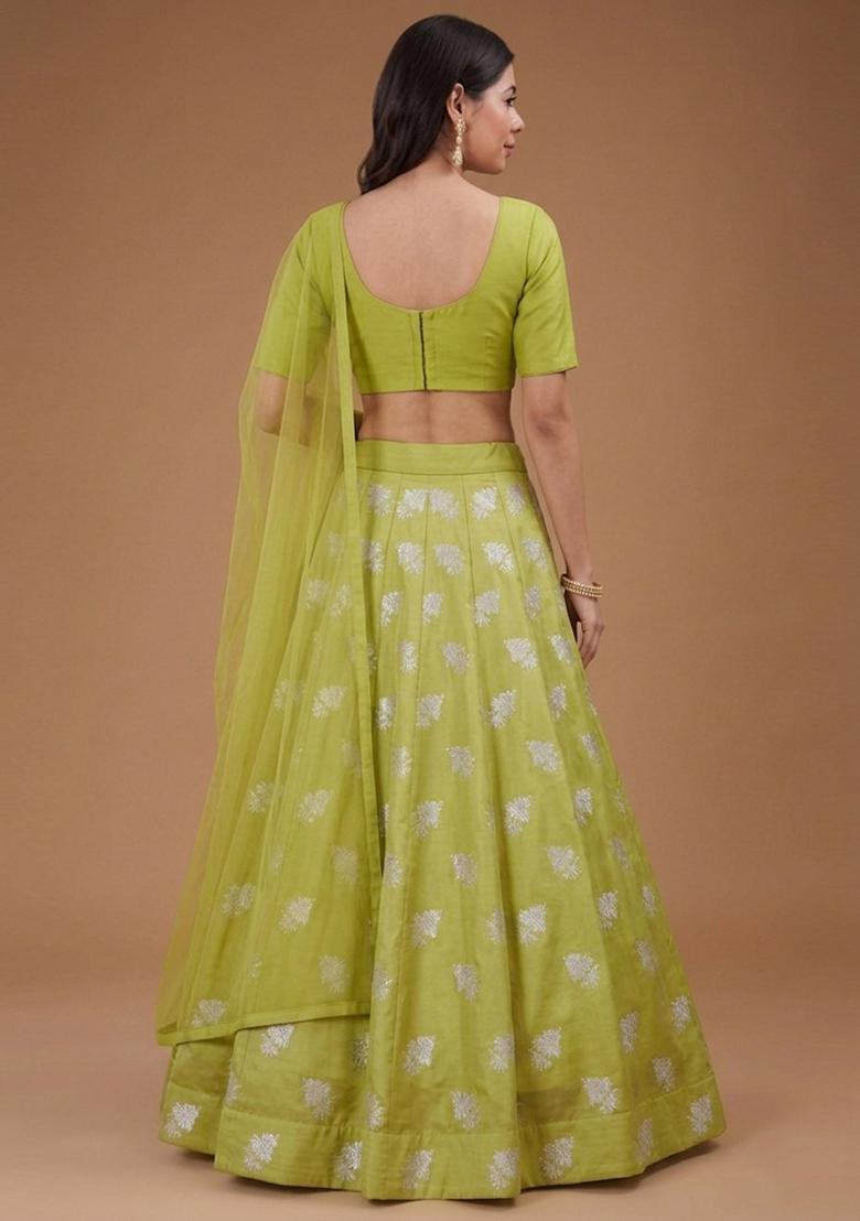 Lime Jacquard Silk Lehenga Set - Indya