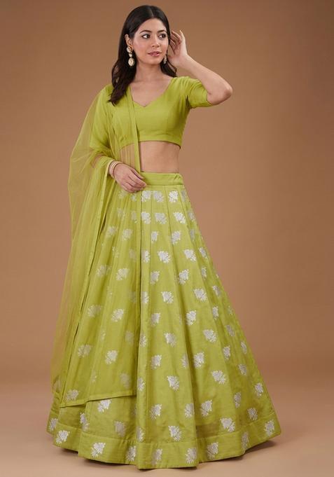 Lime Jacquard Silk Lehenga Set
