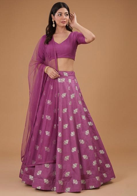 Plum Jacquard Silk Lehenga Set