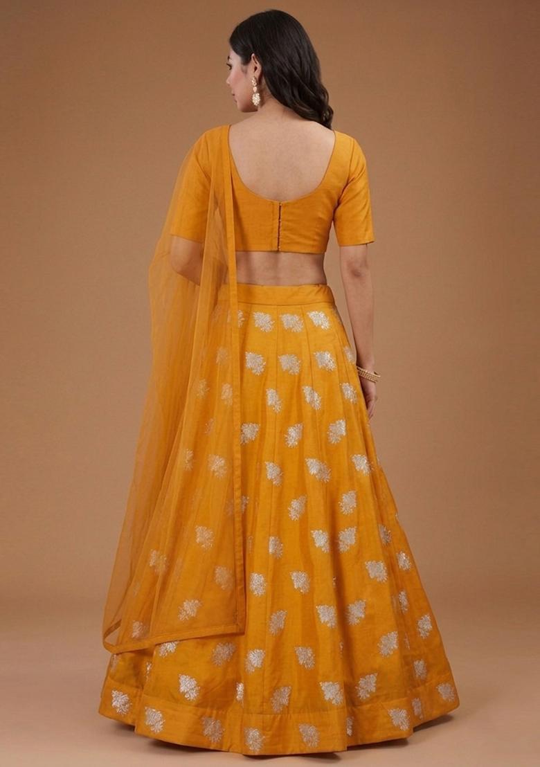 Mustard Jacquard Silk Lehenga Set - Indya