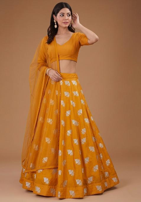 Mustard Jacquard Silk Lehenga Set