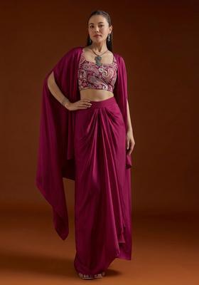 Magenta Paisley Print Crepe Fusion Set