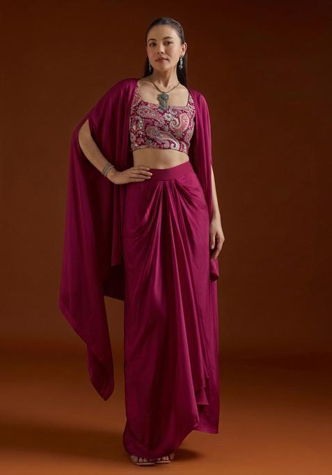 Magenta Paisley Print Crepe Fusion Set