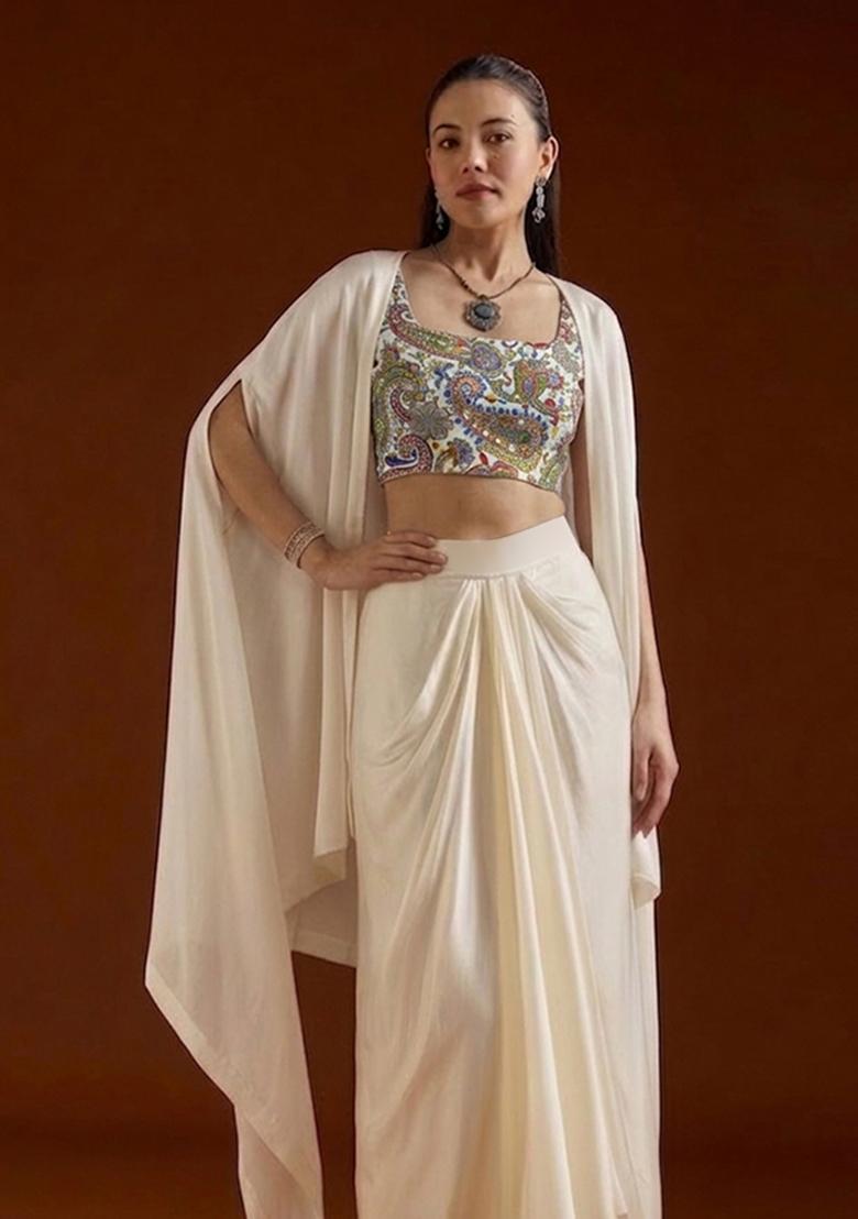 Cream Paisley Print Crepe Fusion Set - Indya