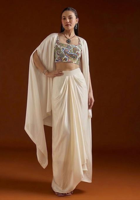 Cream Paisley Print Crepe Fusion Set