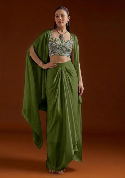 Olive Paisley Print Crepe Fusion Set