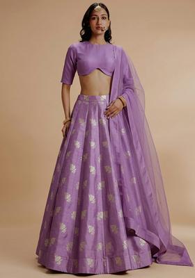 Lilac Purple Jacquard Silk Lehenga Set