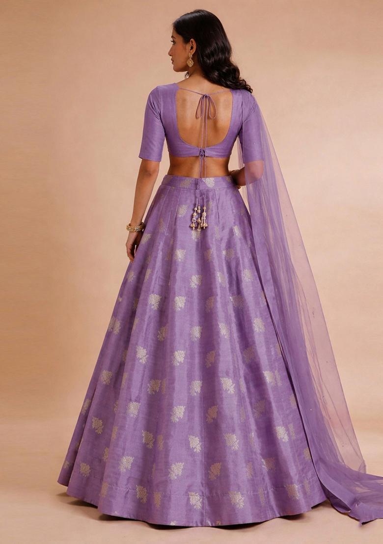 Lilac Purple Jacquard Silk Lehenga Set - Indya