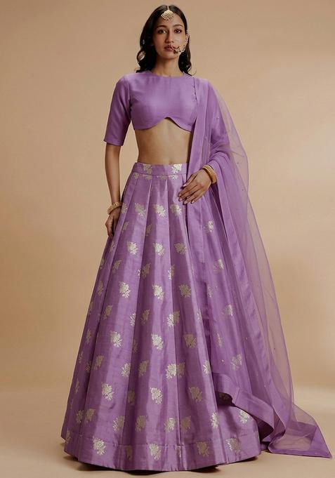 Lilac Purple Jacquard Silk Lehenga Set