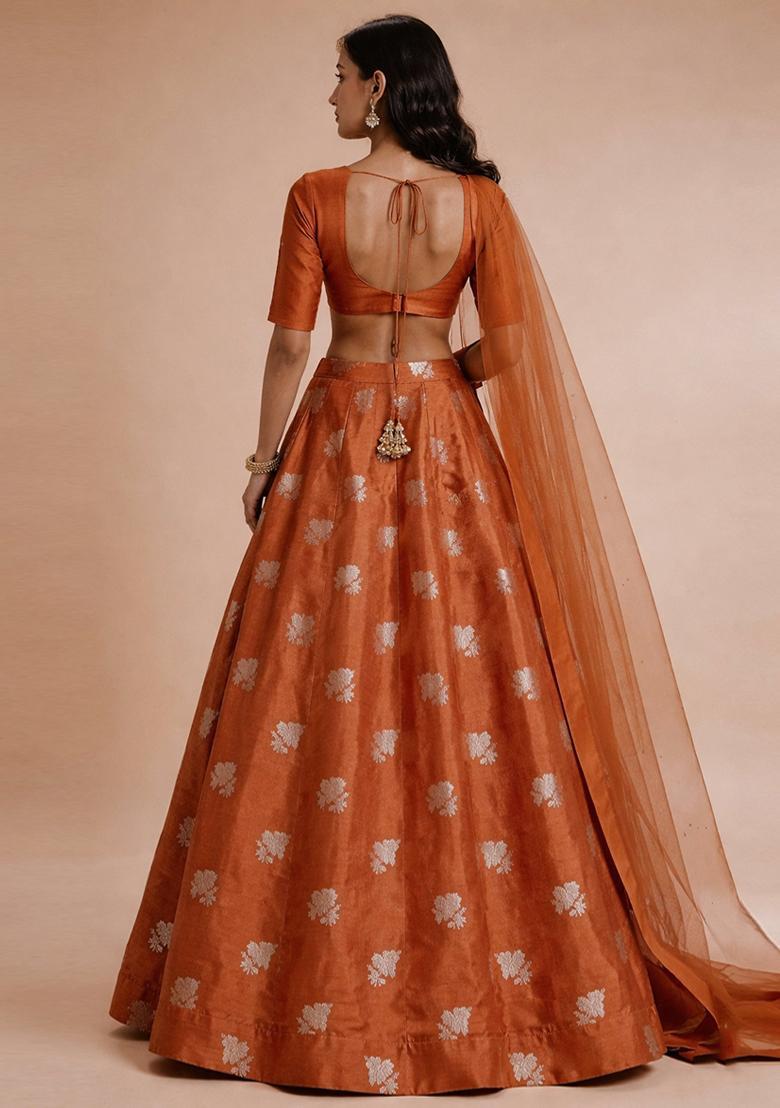 Burnt Orange Jacquard Silk Lehenga Set - Indya
