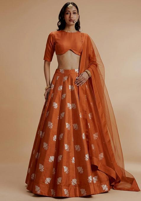 Burnt Orange Jacquard Silk Lehenga Set