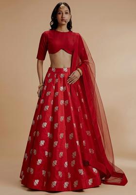 Crimson Jacquard Silk Lehenga Set
