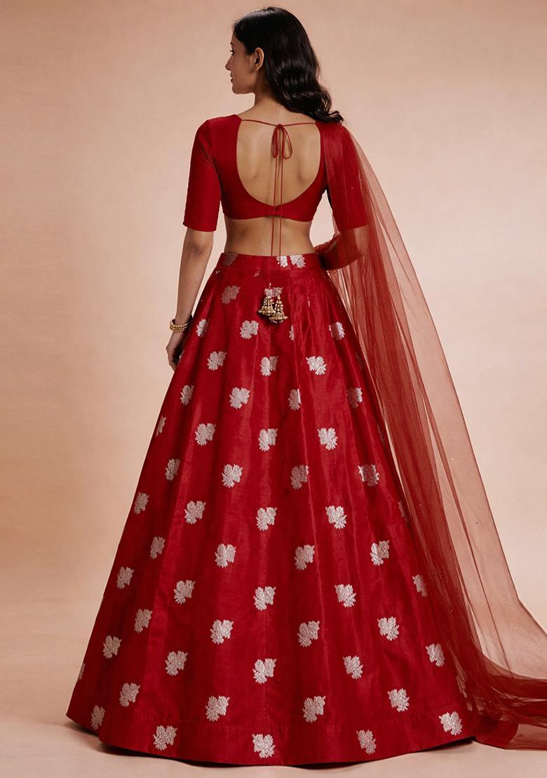 Crimson Jacquard Silk Lehenga Set - Indya