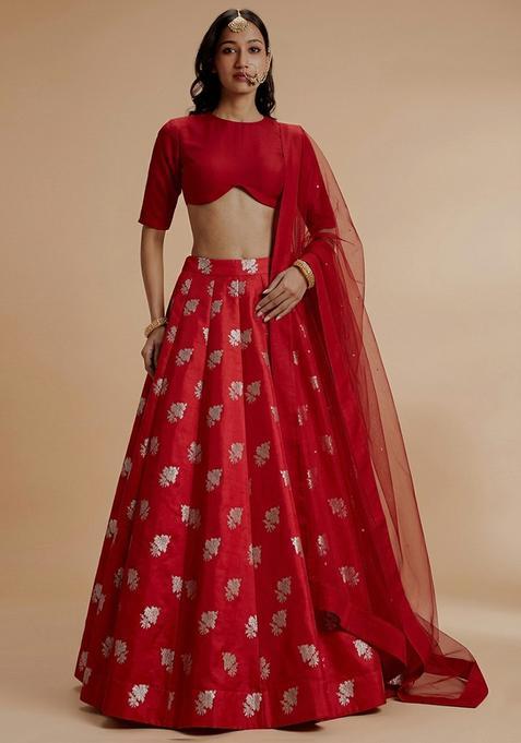 Crimson Jacquard Silk Lehenga Set