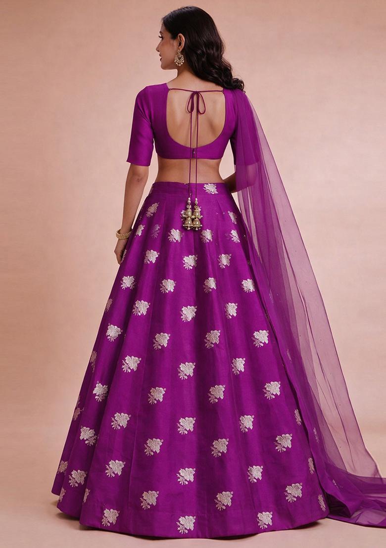 Magenta Jacquard Silk Lehenga Set - Indya
