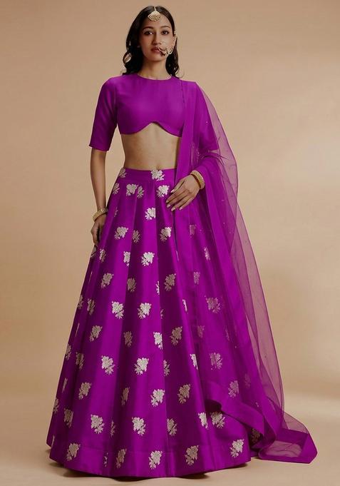 Magenta Jacquard Silk Lehenga Set