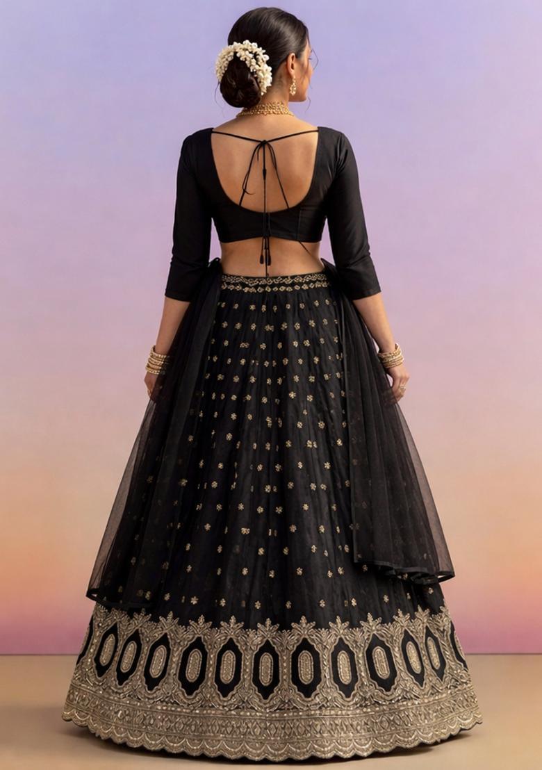 Jet Black Embroidered Crepe Lehenga Set - Indya
