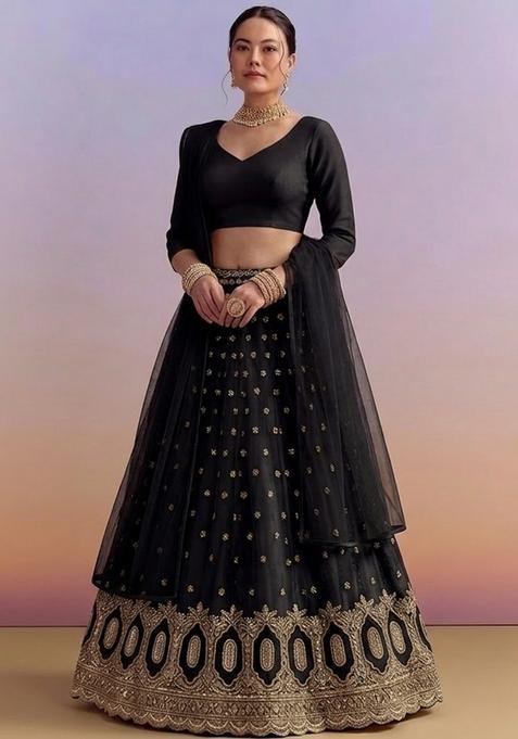 Jet Black Embroidered Crepe Lehenga Set