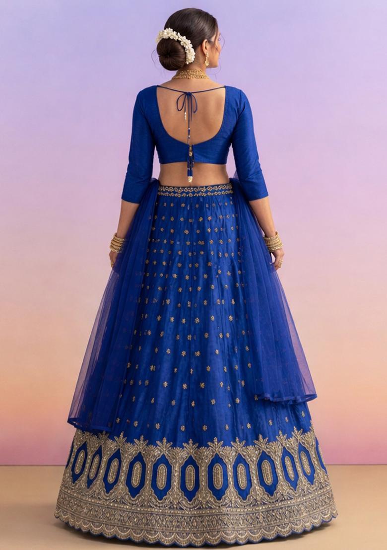 Royal Blue Embroidered Crepe Lehenga Set - Indya