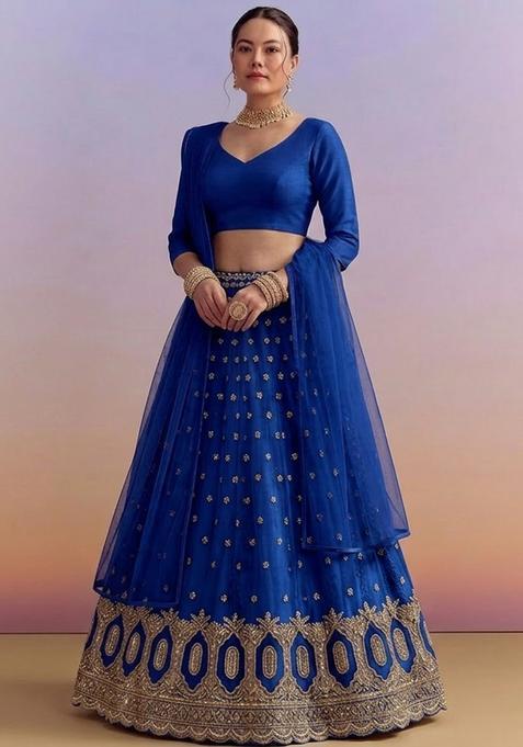 Royal Blue Embroidered Crepe Lehenga Set