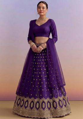 Violet Embroidered Crepe Lehenga Set